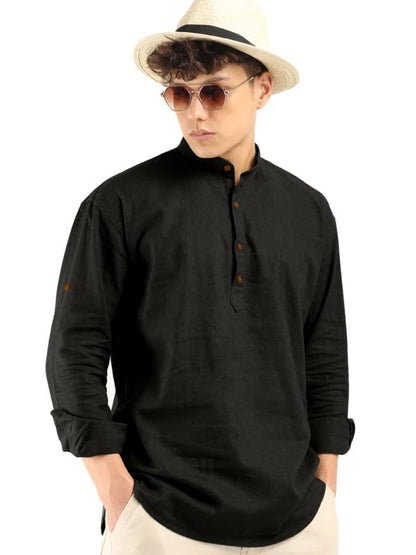 ROYALSCOUT Mens Cotton Polyester Blend Solid Regular Fit Full Sleeve Short Kurta Black