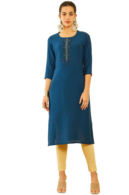 Soch Womens Navy Blue Viscose Kurta with Beads