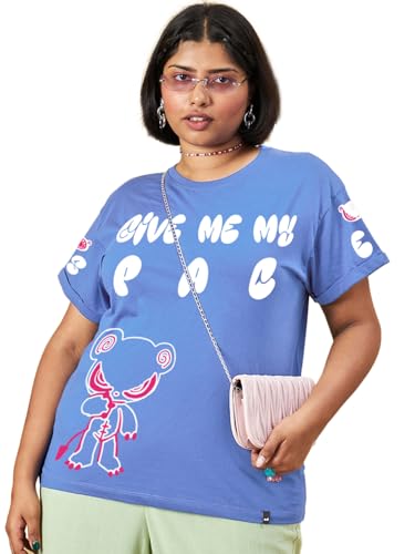 Bewakoof WomenS Graphic Print Boyfriend Fit Half Sleeve Round Neck Pure Cotton Plus Size T-Shirt_676160_Blue_4Xl