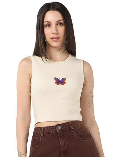 Bewakoof WomenS Embroidered Slim Fit Sleeveless Round Neck Pure Cotton Short Top_683802_Beige_L