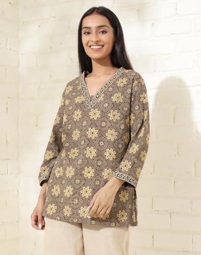 Fabindia WomenS Cotton Printed Slim Kurta (1037347Grey- Grey-Mustard
