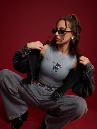 The Souled Store Tank Top: Black Cat Energy Women and Girls Round Neck Sleeveless Grey Embroidered Cotton Blend Slim Fit Tank To