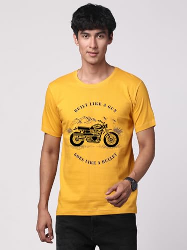 ADRO Men's Royal Bike Design Printed 100% Cotton T-Shirt - Regular Fit, Printed T-Shirts for Men (RN24-RYL-MU_Mustard)