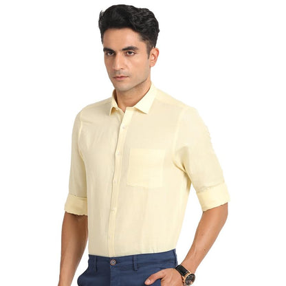 Turtle Men Cotton Linen Slim Fit Cream Solid Formal Shirt