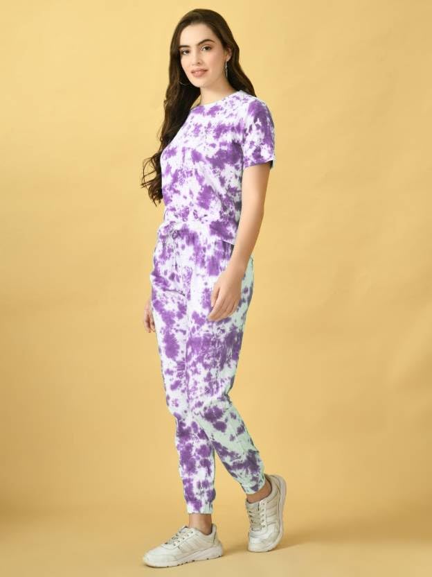 ELLITI Womens Soft Poly Cotton Tie-Dye Printed Crop Length T-Shirt and Pyjama Night Suits Set | Co-ord | Nightwear | Loungewear