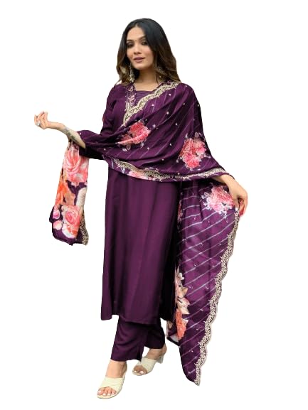 Goroly WomenS Cotton Blend Straight Cut Kurta Pant With 3/4 Sleeve Square Neck Calf Length And Printed Dupatta A-Line Style