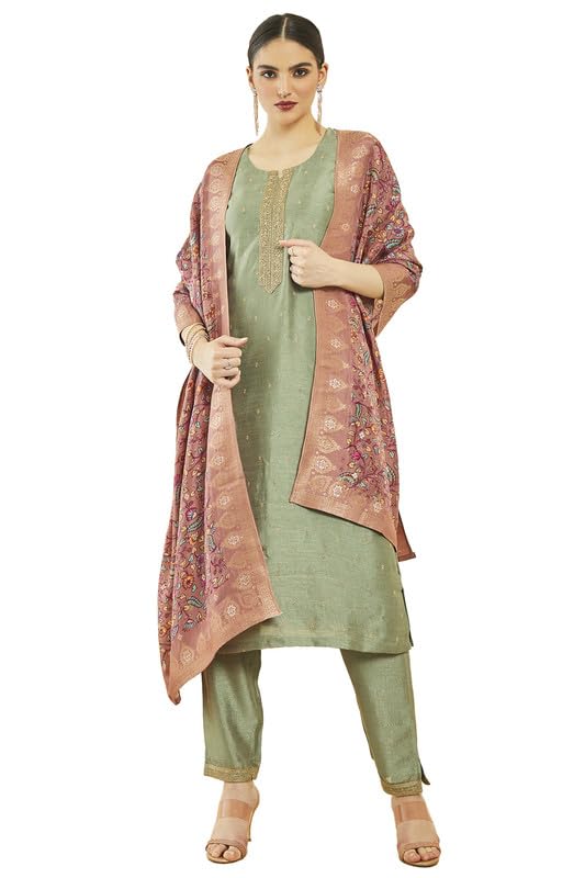 Soch Womens Sap Green Silk Blend Zari Embroidered Suit Set With Contrast Dupatta