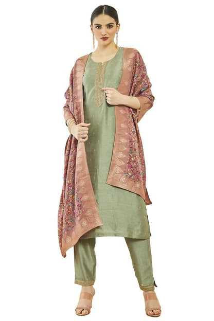 Soch Womens Sap Green Silk Blend Zari Embroidered Suit Set With Contrast Dupatta