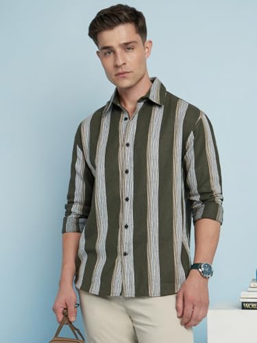 Dennis Lingo Men Cotton Blend Relaxed Fit Striped Shirts Olive