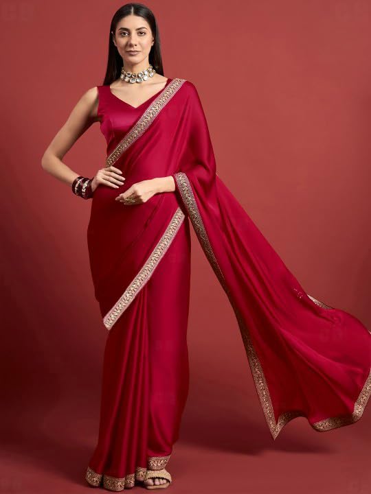 Cb-Colebrook Women'S Soft Satin Saree With Embroidered Sequin Border With Blouse Piece, Traditional Indian Ethnic Wear, Party, W