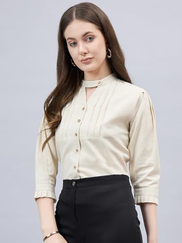 Style Quotient Women Solid Beige Linen Puff Sleeve Rrgular Formal Shirt