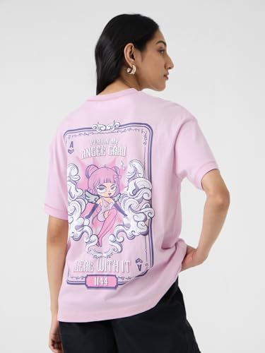 The Souled Store Angel Card Women and Girls Short Sleeves Round Neck Pink Graphic Printed Cotton Oversized T-Shirts