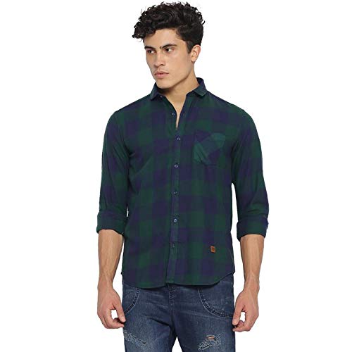 Campus Sutra Mens Green and Blue Checkered Button Up Shirt Regular Fit for Casual Wear | Structured Shirt Crafted with Regular