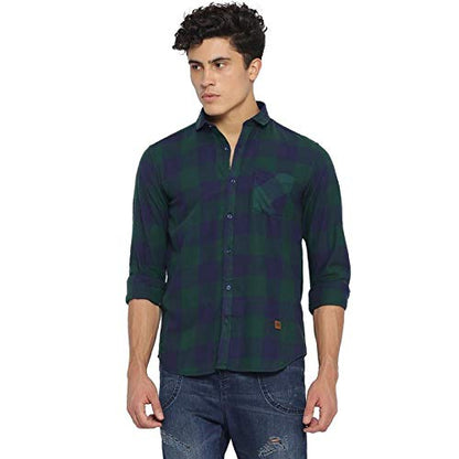 Campus Sutra Mens Green and Blue Checkered Button Up Shirt Regular Fit for Casual Wear | Structured Shirt Crafted with Regular