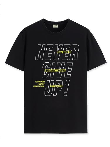 ADRO Never Give Up Printed T-Shirt for Men - 100% Cotton, Regular Fit, Soft Breathable Fabric. (RN23-M-NVR-BL_Black_XL)