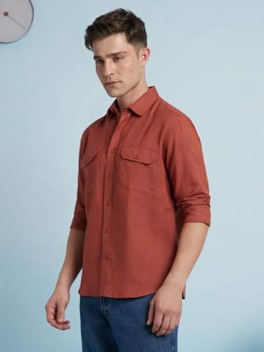 Dennis Lingo Men Linen Blend Regular Fit Solid Shirts Rust
