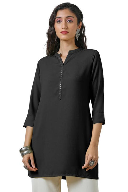 Soch Womens Black Mandarin Collar Straight Tunic with Stones
