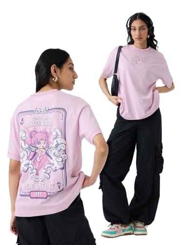 The Souled Store Angel Card Women and Girls Short Sleeves Round Neck Pink Graphic Printed Cotton Oversized T-Shirts