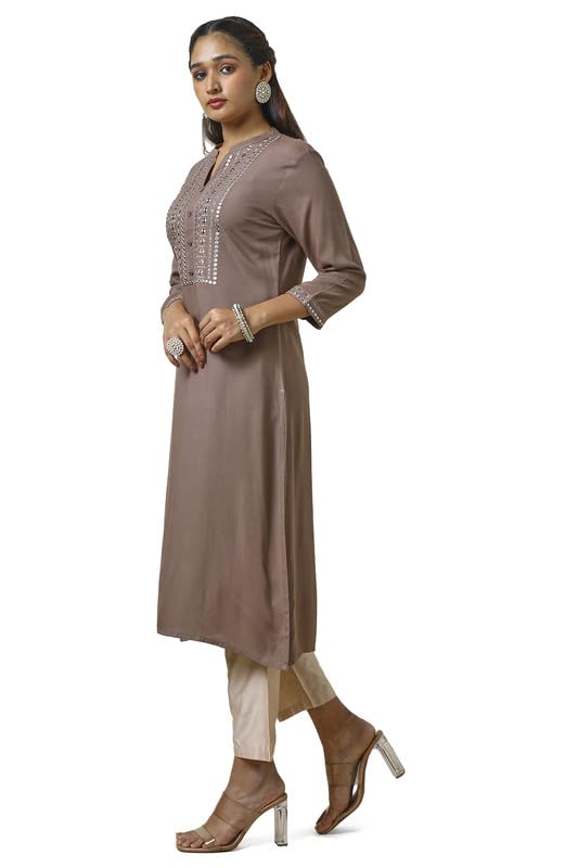 Soch Womens Earth Rayon Embroidered Kurta with Faux Mirror