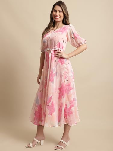 Preneum WomenS Maxi Fit & Flare Latest Style Print Georgette Regular Sleeves Casual Summer Maxi Dress || Festival & Occasion, R