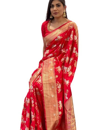 Flosive WomenS Present Banarasi Soft Lichi Silk Saree Beautiful Jacquard Rich Pallu Design Work Zari Woven Ayn Kanjivaram Silk