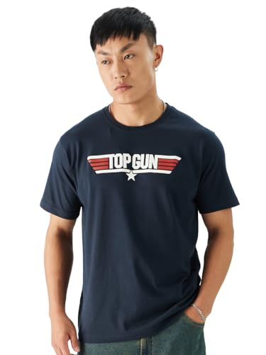 The Souled Store Official Top Gun: Logo Men And Boys Short Sleeve Round Neck Navy Graphic Printed Regular Fit Cotton T-Shirts