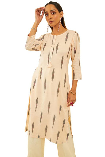 Soch Womens Beige Cotton Ikat Printed Straight Kurta With Sequins