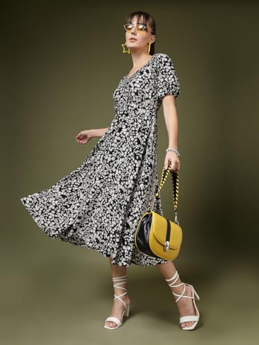 OOMPH! Womens Western & Fusion wear Printed Crepe Dress for Women, Puffed Sleeve, Black - md987