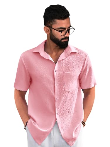 PinkMint Popcorn Shirt for Men ll Textured Shirts for Men ll Stylish Half Sleeve Shirt ll Goa Wear ll Regular Fit Shirt Pink