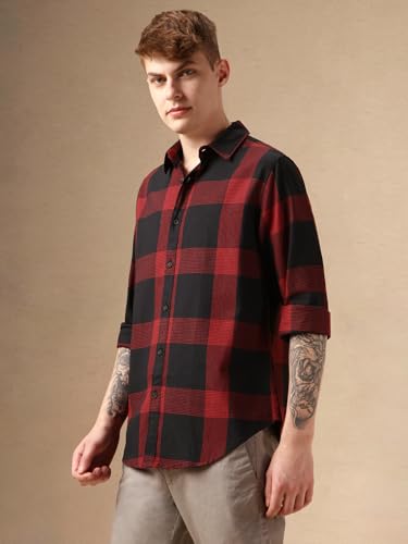 Dennis Lingo Men Navy Blue 100% Cotton Full Sleeve Spread Collar Checks Shirts_Dlmshjas24013_Nv