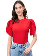 Style Quotient Women Solid Red Poly Knit Smart Casual Regular Tulip Sleeve Top