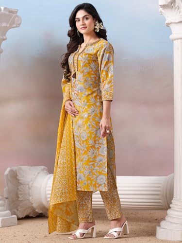 Varanga floral printed Kurta with mirror detailing paired with printed trouser and dupatta.