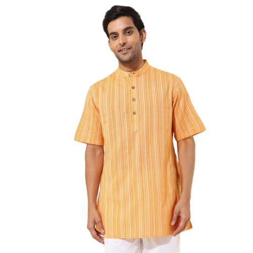 Fabindia MenS Cotton Dobby Regular Short Kurta (1038376Yellow_Yellow