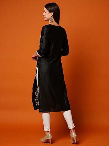 ANNI DESIGNER Womens Cotton Blend Straight Fit Chikankari Embroidered Kurta (Victoria Black_S_Black_Small)