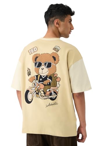 The Souled Store Ted The Stoner: Adventure Men and Boys Short Sleeves Round Neck Yellow Embroidered Cotton Oversized T-Shirts