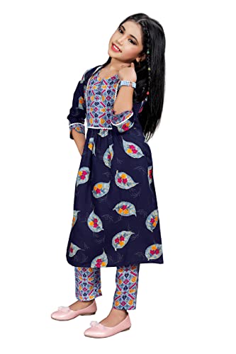 Nainvish Girl'S Cotton Blend Kurta With Pant (Kd03_Kb_Blue_4-6 Year)