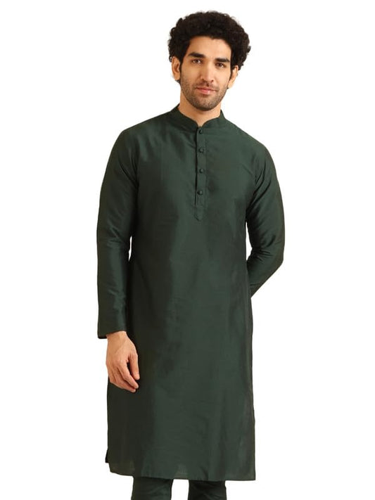 Kisah MenS Kurta, Bottle Green Cotton Blend, Solid Regular Fit Mandarin Collar Long Sleeves (42)
