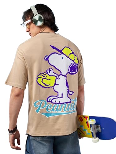Bewakoof Official Peanuts Merchandise Mens Graphic Printed Oversized Fit Half Sleeve Round Neck Cotton T-Shirt_633761_Brown_XL