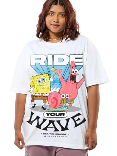 Bewakoof Official Spongebob Merchandise Womens Graphic Printed Oversized Fit Half Sleeve Round Neck Cotton Jersey Plus Size T-S