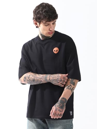 Hubberholme Men Cotton Terry Printed Oversized Round Neck Half Sleeves Tshirts 13 Black