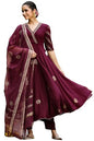 GoSriKi Womens Cotton Blend Printed Anarkali Kurta with Pant & Dupatta (Berlin Wine-GS_S_Wine_Small)