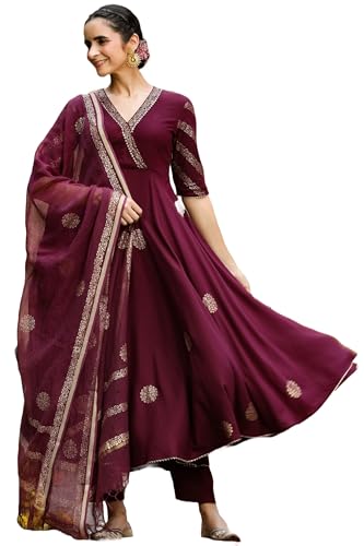 GoSriKi Womens Cotton Blend Printed Anarkali Kurta with Pant & Dupatta (Berlin Wine-GS_M_Wine_Medium)