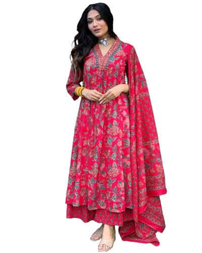 GoSriKi Womens Rayon Viscose Anarkali Printed Kurta with Palazzo & Dupatta (CIA Pink-GS_M_Pink_Medium)