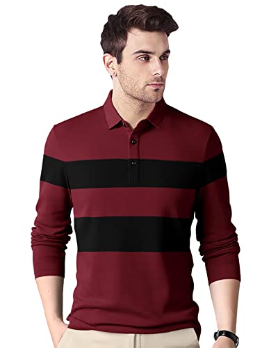 EYEBOGLER Polo Neck Full Sleeve Printed Casual Men Tshirt Wine Red Black