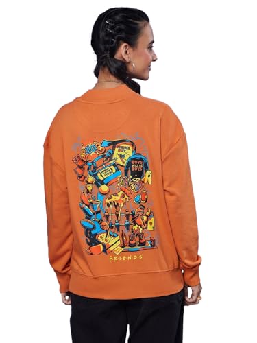 Bewakoof Official Friends Merchandise Womens Graphic Printed Oversized Fit Full Sleeve Round Neck Terry Sweatshirt_628088_Orang
