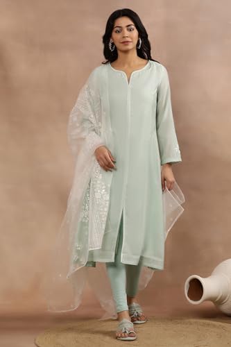W for Woman W Women Green Festive Solid Viscose Kurta Set With Tight & Dupatta