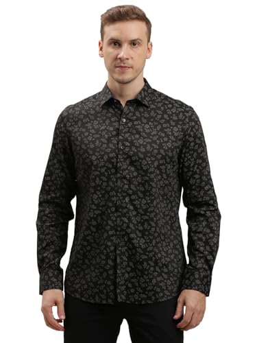 Turtle Men Cotton Tencel Slim Fit Printed Black Party Shirt