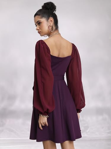 Ketch WomenS Cotton Blend Fit And Flare Dress With Sheer Sleeves Knee-Length Khj6000334_Wine