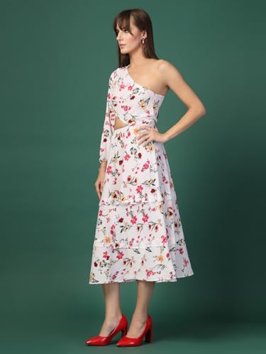 OOMPH! Womens Western & Fusion wear Printed Crepe Dress for Women, One Shoulder, White - md1061