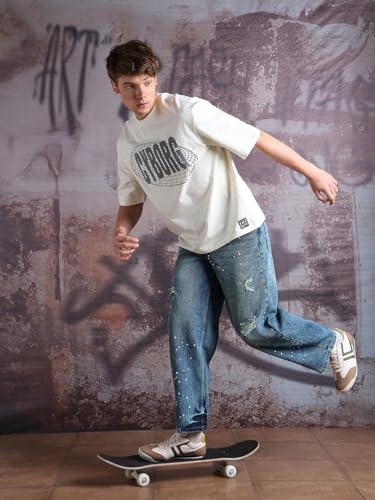 Hubberholme Men Printed Oversized Round Neck Half Sleeves Tshirts 35 Off-White